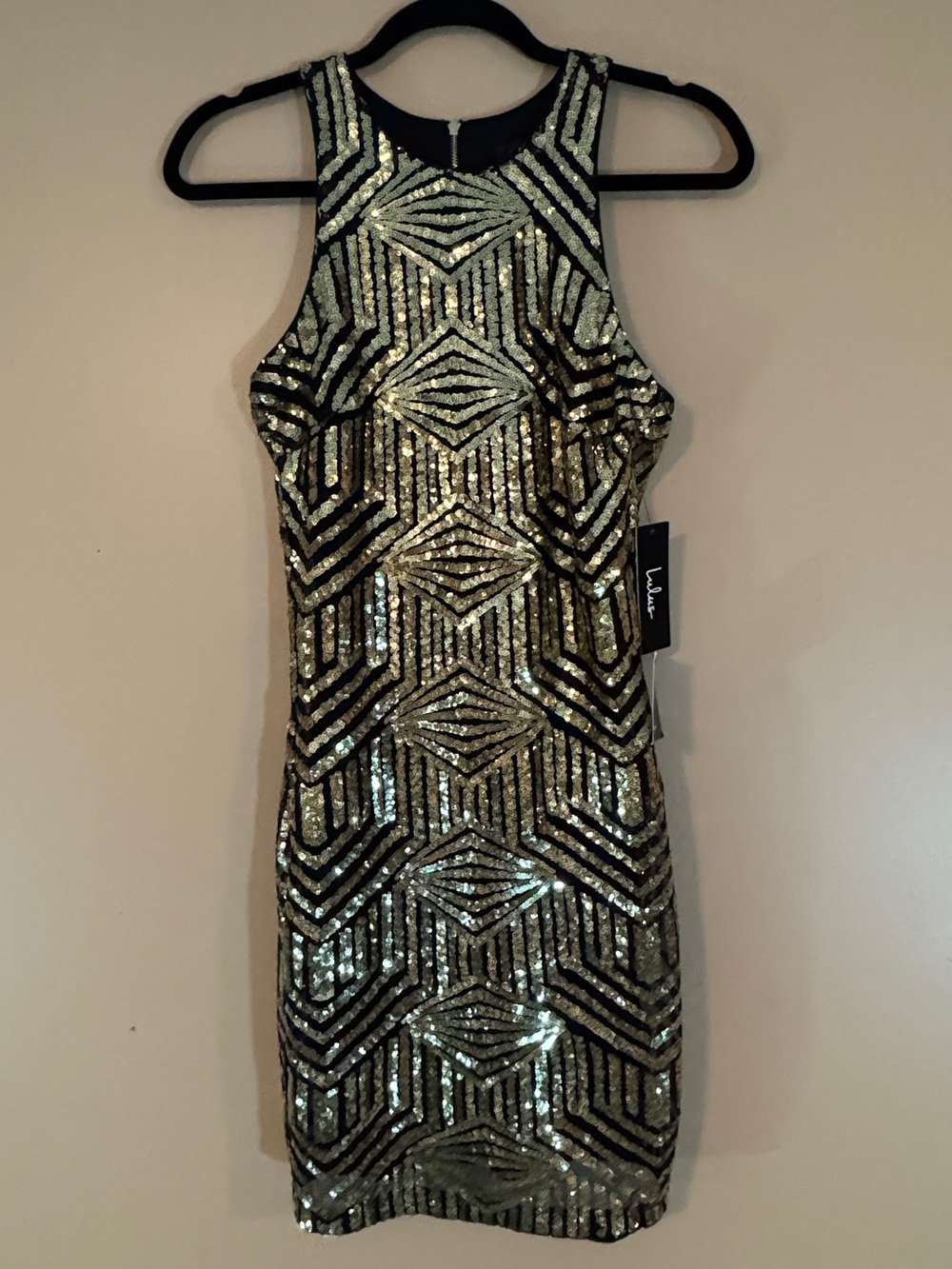 NWT Lulu's Gold and Black Sequin Geometric Mini Dress